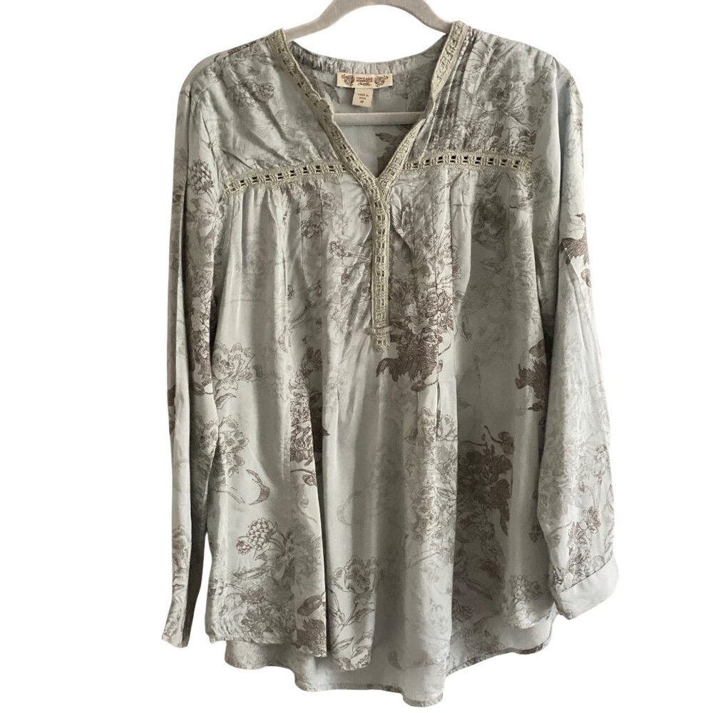Vintage America Blues Top Green Floral Embroidered Cottagecore Tunic Crochet Tri